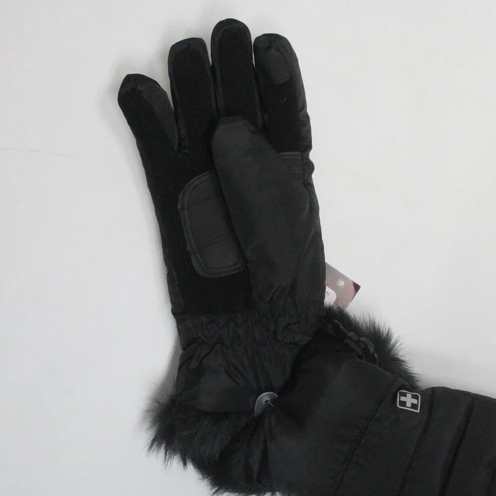 Girls Swiss Tech Quilted S-M Black Peakproof Waterproof Ski Glove Faux Fir Trim